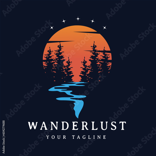 Illustration of pine trees sunset view, flowing river exotic water flow lake in dark background