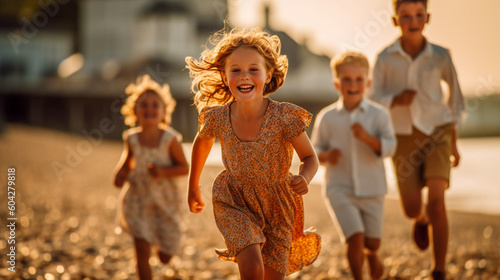 Children running and playing happy on the beach - ai generative