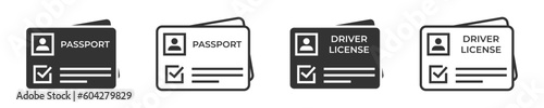 ID Card and driver's license icon set. Driver's license Identification card simple black style. Vector illustration.