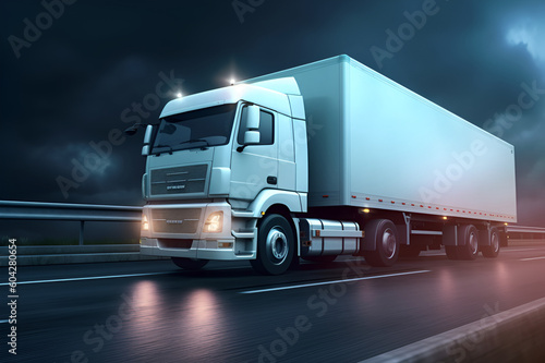 White Highway Truck - Business, Commercial, Truck, Clean and Empty Space in Side View. Copy space. Night view © PanArt