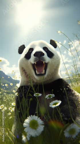 Cute panda playing on the grass outdoors