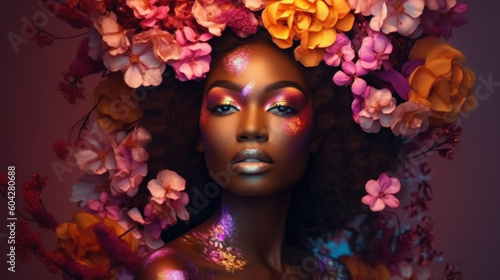 Beautiful black model with hairstyle and in a dress of flowers created with generative AI technology