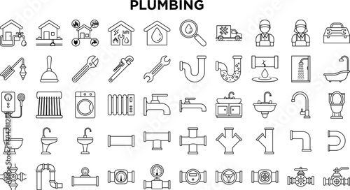 Set line icons of plumbing service and store