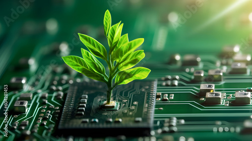 Tree growing on the converging point of computer circuit board. Green computing, Green technology, Green IT, CSR, and IT ethics. Concept of green technology. Environment green technology. photo