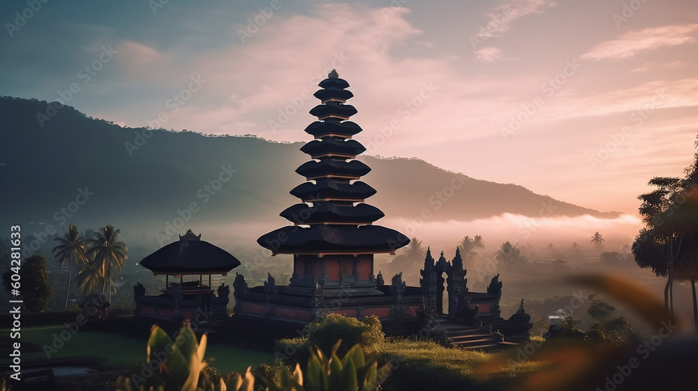 sunrise in the temple in a calm valley