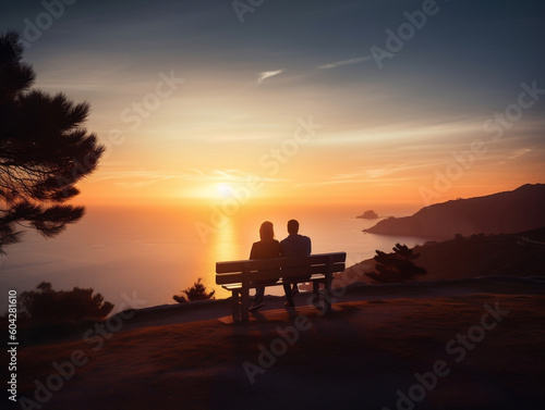 silhouette of a young couple sitting on a bench at sunset