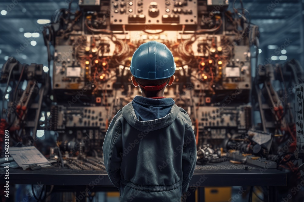 Engineer boy car assembly shop. Generate AI