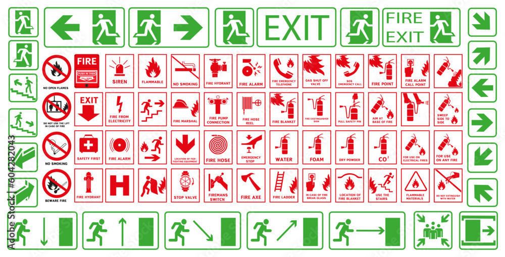 Signs for evacuation during a fire. Fire protection signs. Red signs