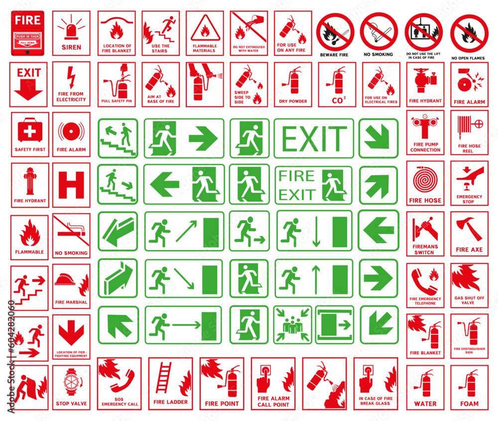 Set of emergency exit signs in case of fire danger. Set of emergency exit signs in case of fire danger.