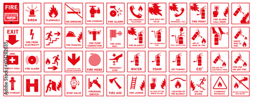 Fire protection signs. Red signs used in fire warning.
