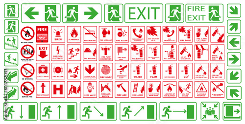 Signs for evacuation during a fire. Fire protection signs. Red signs are used for fire warning. photo