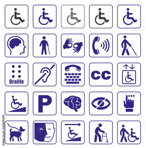 Set of disability icons or graphic elements with information about disability, accessibility icons for people with disabilities or people with disabilities icons.