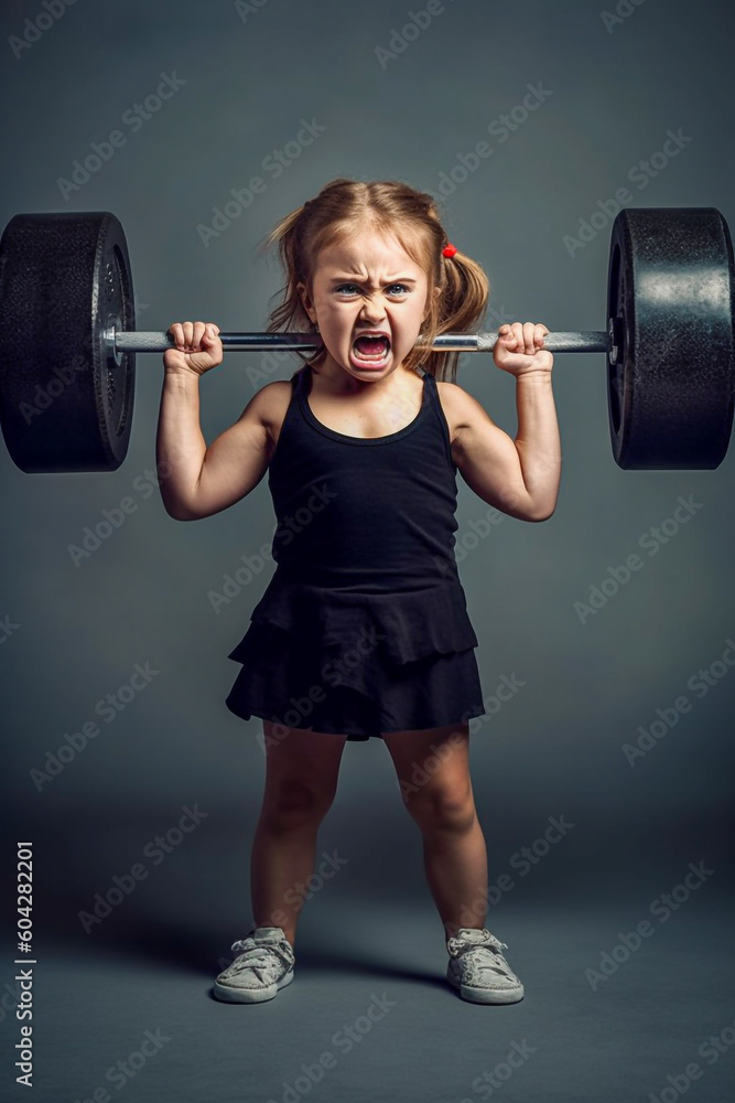 A little girl with a angry expression expressing strength, lifts a heavy barbell - ai generative A little girl with a angry expression expressing strength, lifts a heavy barbell - ai generative