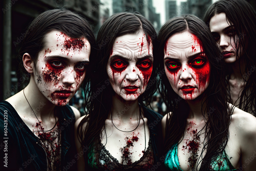 Zombie people walking in the city. Halloween. Generative AI. Zombie people walking in the city. Halloween. Generative AI.