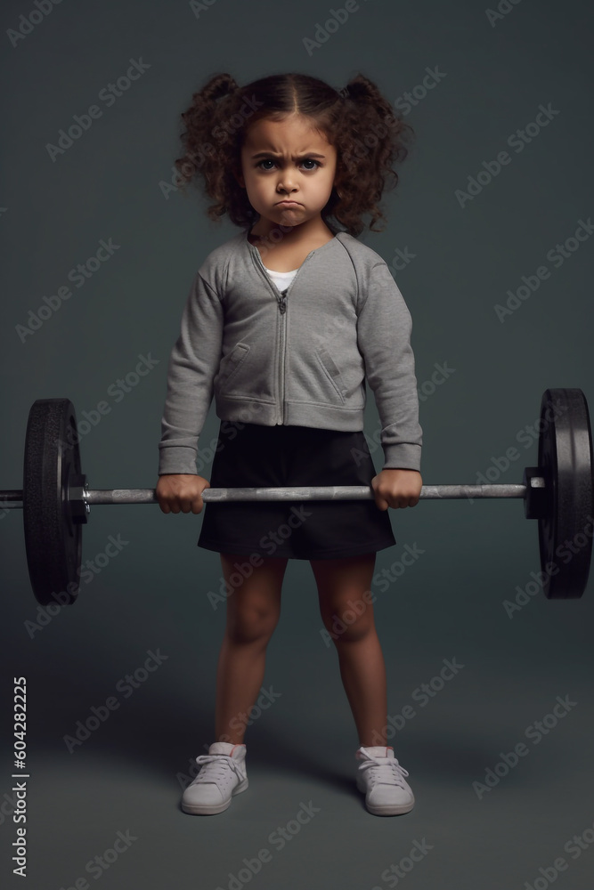 A little girl with a angry expression expressing strength, lifts a heavy barbell - ai generative A little girl with a angry expression expressing strength, lifts a heavy barbell - ai generative