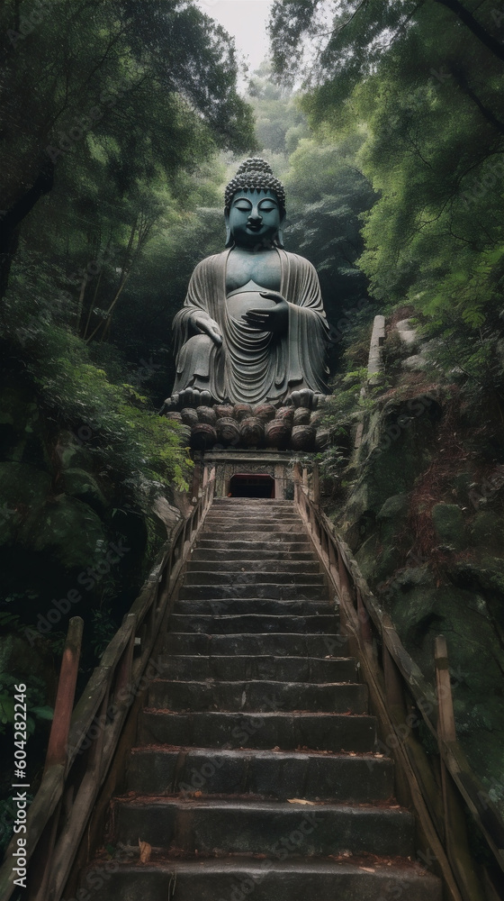 Asian Buddha statue, in the mountain forest