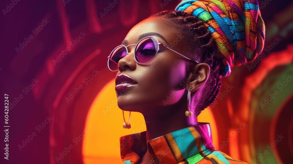 Afro woman with pigtails and stylish clothes. Generative AI - obrazy, fototapety, plakaty 