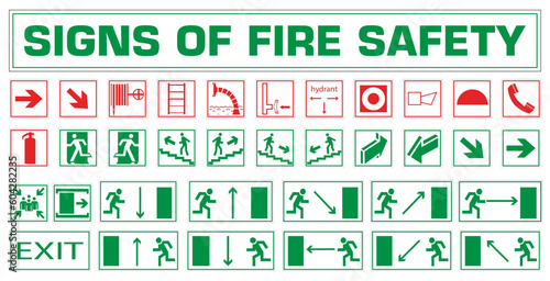Fire safety signs. Meeting point, emergency exit. Vector illustration.