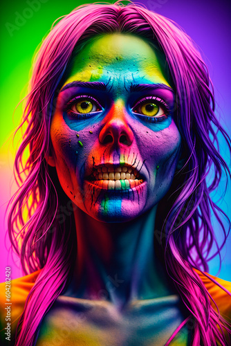 Fashionable portrait of a beautiful zombie girl with bright makeup on a colored background. Halloween. Generative AI.