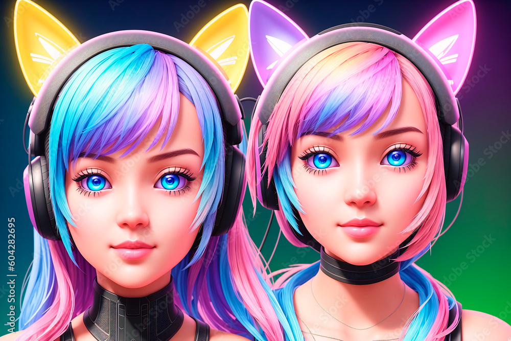 Obraz premium Pop art girl with headphones. Set of avatars. Generative AI