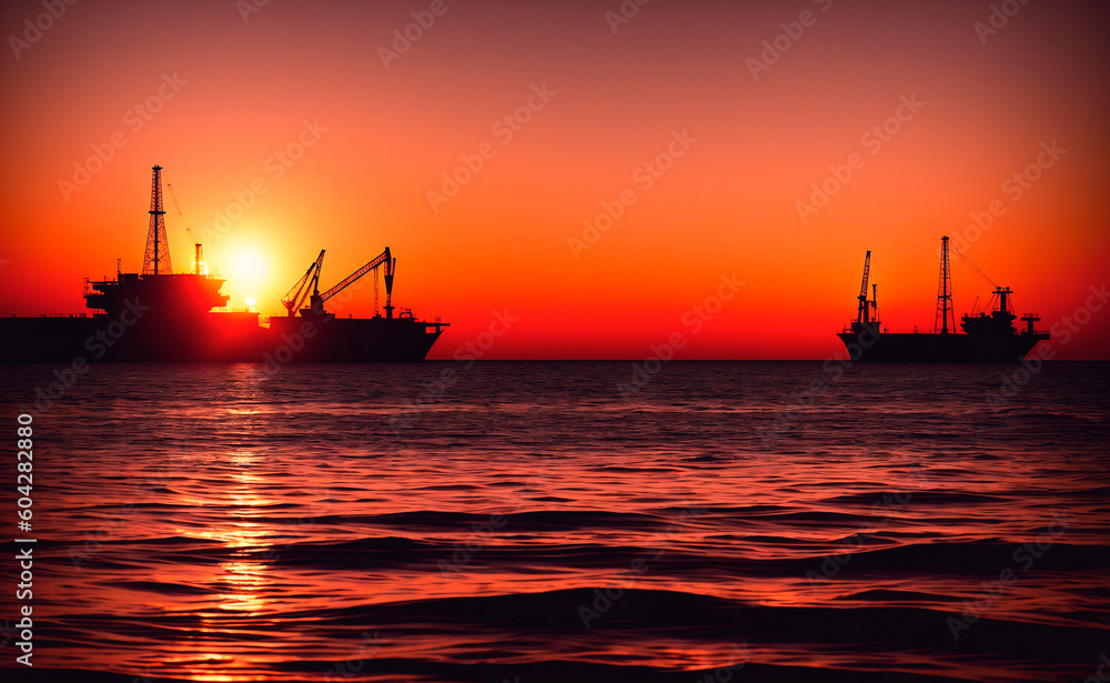 Oil drilling rig on the sea at sunset. Oil and gas industry. Generative AI.