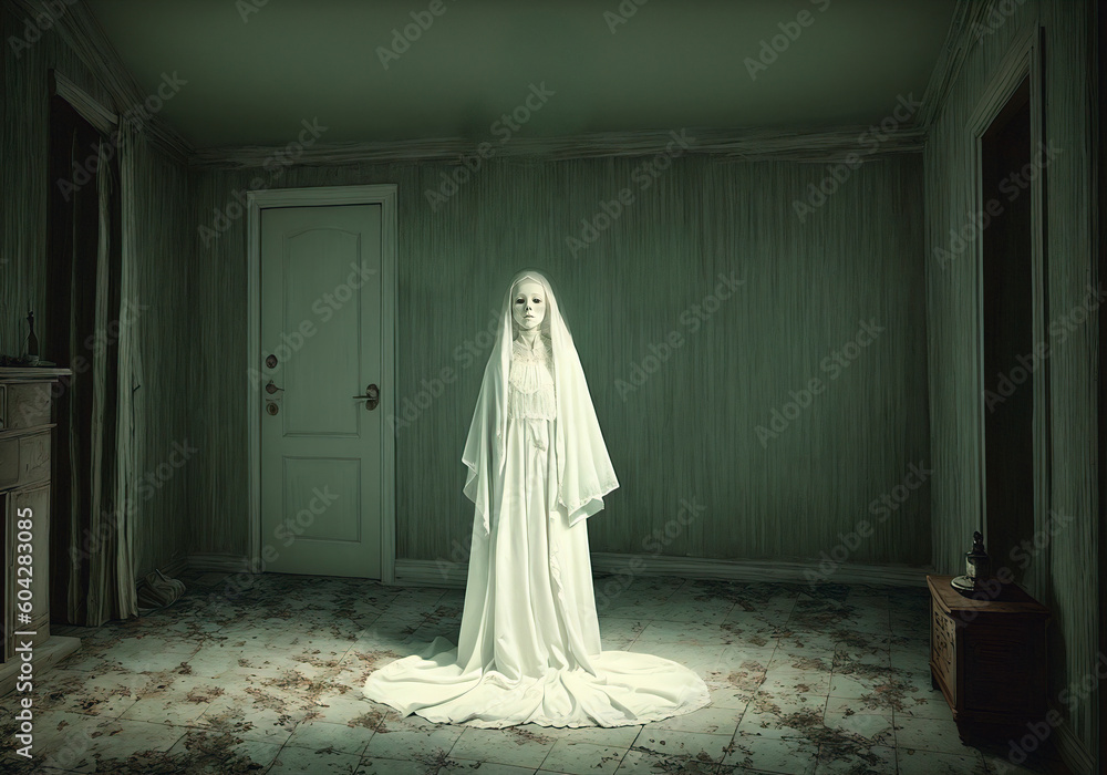 Ghost in the dark room. halloween concept. Generative AI