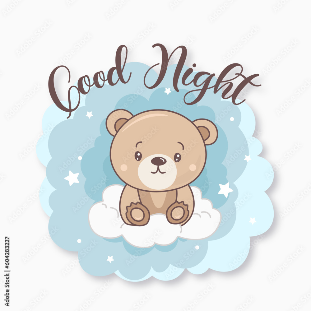 Vector little teddy sitting on the cloud and watching stars illustration cute bear Vector little teddy sitting on the cloud and watching stars illustration cute bear