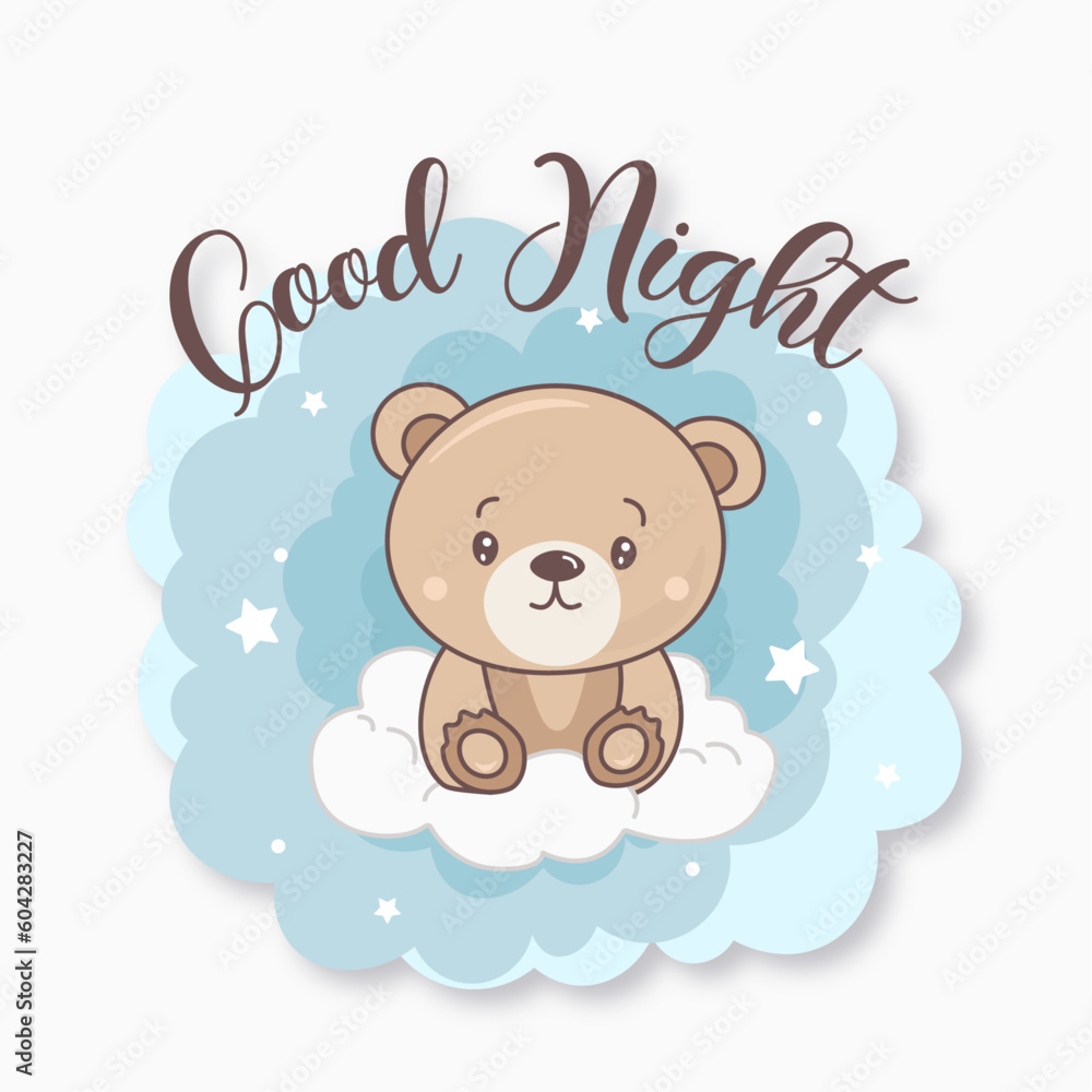 Vector little teddy sitting on the cloud and watching stars illustration cute bear 