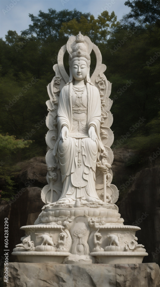 Close-up large Buddha statue outdoors in the woods in China