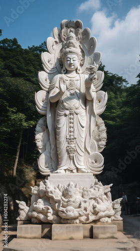 Close-up large Buddha statue outdoors in the woods in China