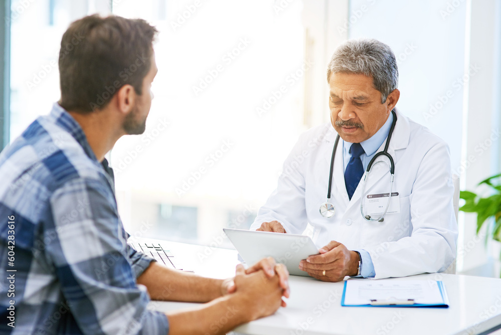 Senior doctor tablet, man patient and results with medical consultation and discussion in clinic. Hospital, talk and health insurance checklist of healthcare and wellness professional talking Senior doctor tablet, man patient and results with medical consultation and discussion in clinic. Hospital, talk and health insurance checklist of healthcare and wellness professional talking