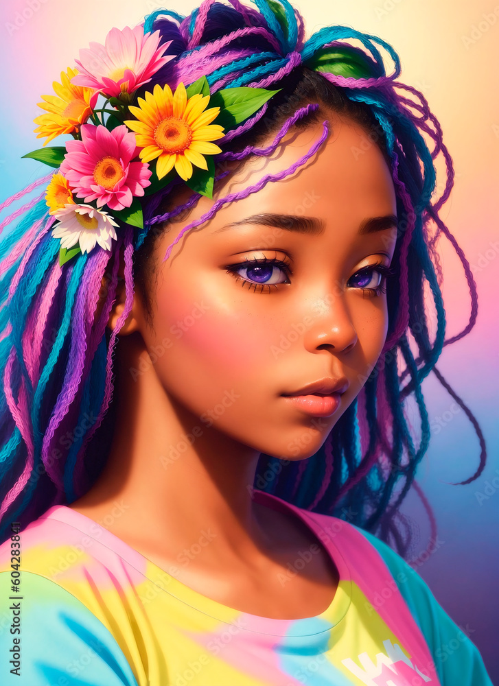 Fototapeta premium Portrait beautiful African-American girl with flowers on her head. Woman with flower arrangement on head. Generative AI.