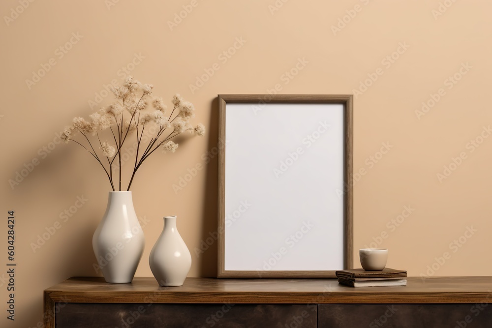 Maquette de cadre photo en bois vide accroché sur fond de mur beige. Fleurs sèches sur table. Intérieur moderne. AI générative 