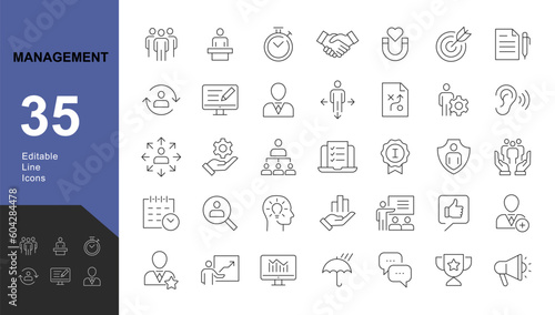Management Line Editable Icons set. Vector illustration in modern thin line style of business icons: functions, principles, goals, and more. Pictograms and infographics for mobile apps