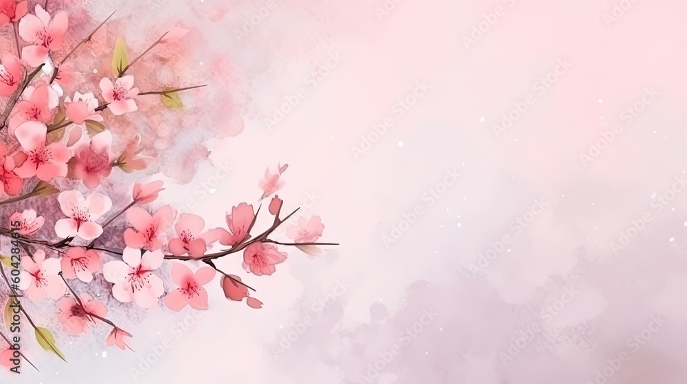beautiful watercolor pink flowers on pastel background, generative ai