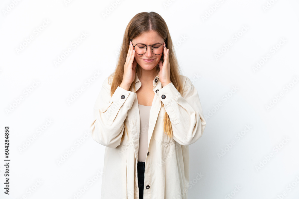 Young blonde woman isolated on white background with headache Young blonde woman isolated on white background with headache