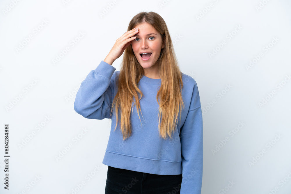 Young blonde woman isolated on white background has realized something and intending the solution Young blonde woman isolated on white background has realized something and intending the solution