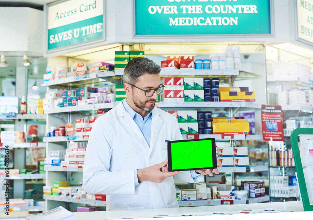 Man, pharmacist and tablet with green screen with health, store and mockup with pharmaceutical promo on app. Mature pharma expert, digital touchscreen and space with chromakey for mock up in shop Man, pharmacist and tablet with green screen with health, store and mockup with pharmaceutical promo on app. Mature pharma expert, digital touchscreen and space with chromakey for mock up in shop