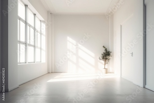 Pristine White Wall in Minimalistic Room with Natural Light: Perfect Canvas for Product Demonstrations or Graphic Installations generative AI