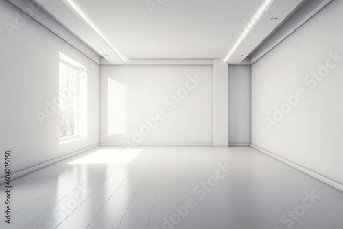Sleek White Wall in Minimalistic Room under Glow of Diffused Sunlight: Ideal Backdrop for Product Presentations or Graphic Designs generative AI