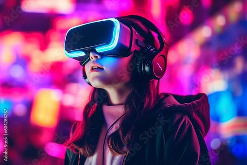 Young Girl Engaging in Virtual Reality Experience with Neon Lights and VR Headset AI
