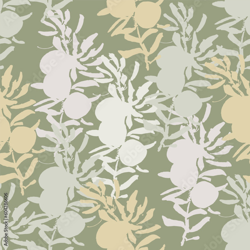Hand drawn juniper seamless pattern. Juniper berries with leaves on shabby background. Original simple flat illustration. Shabby style.