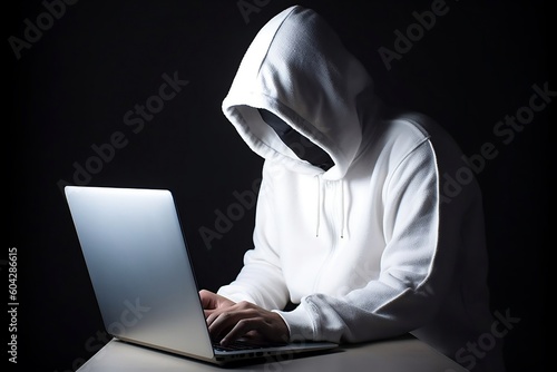 Anonymous hacker in a white hoodie typing on a laptop. AI