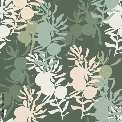 Hand drawn juniper seamless pattern. Juniper berries with leaves on shabby background. Original simple flat illustration. Shabby style.