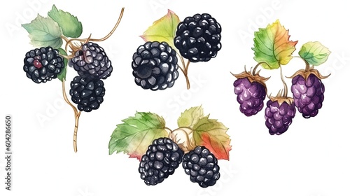 set of watercolor blackberries, generative ai