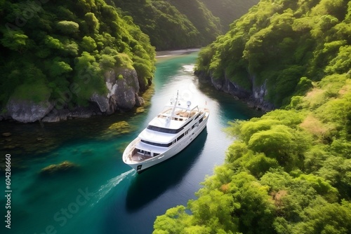 Luxurious yacht anchored in a private cove amidst lush green surroundings. AI