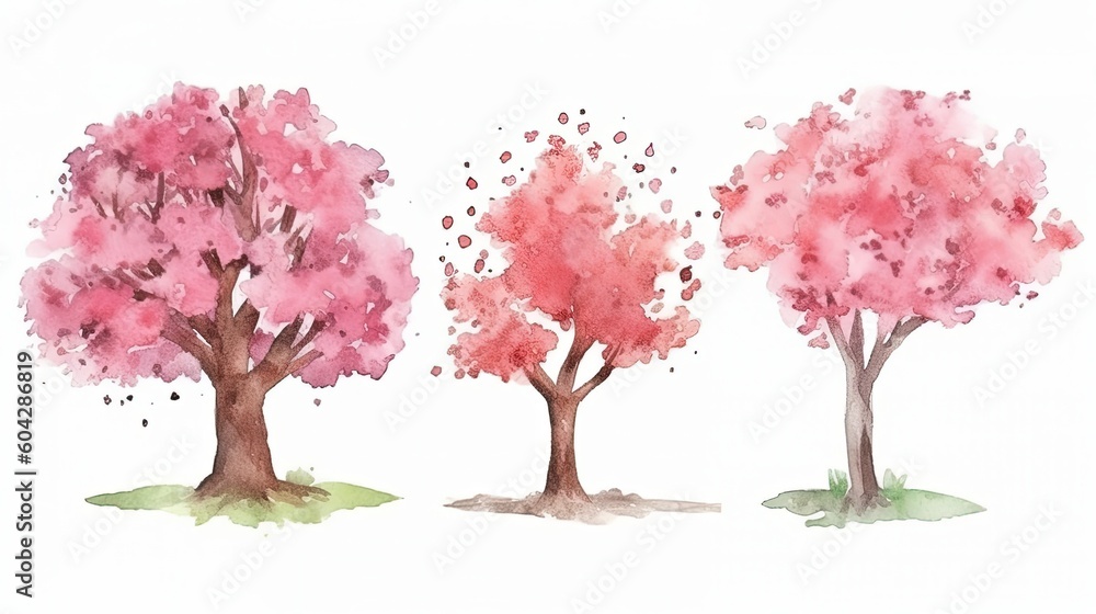 set of watercolor cherry blossom tree, generative ai