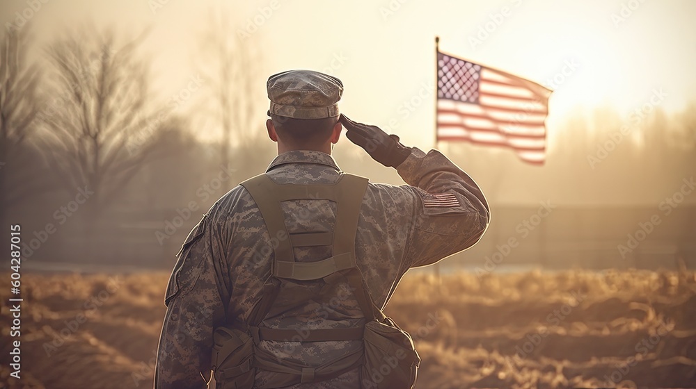American soldier saluting the US Flag.  - obrazy, fototapety, plakaty 