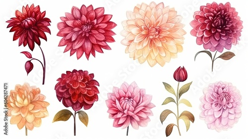 set of watercolor dahlia flowers, generative ai