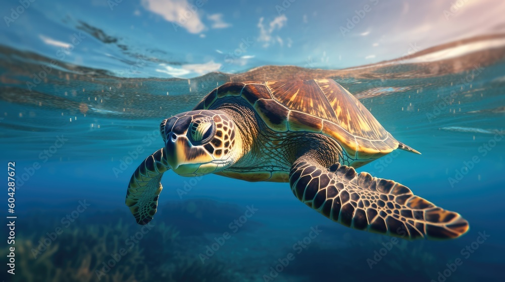 Fototapeta premium Sea turtle swimming in the Ocean, Digital Illustration, Concept Art, Generative AI